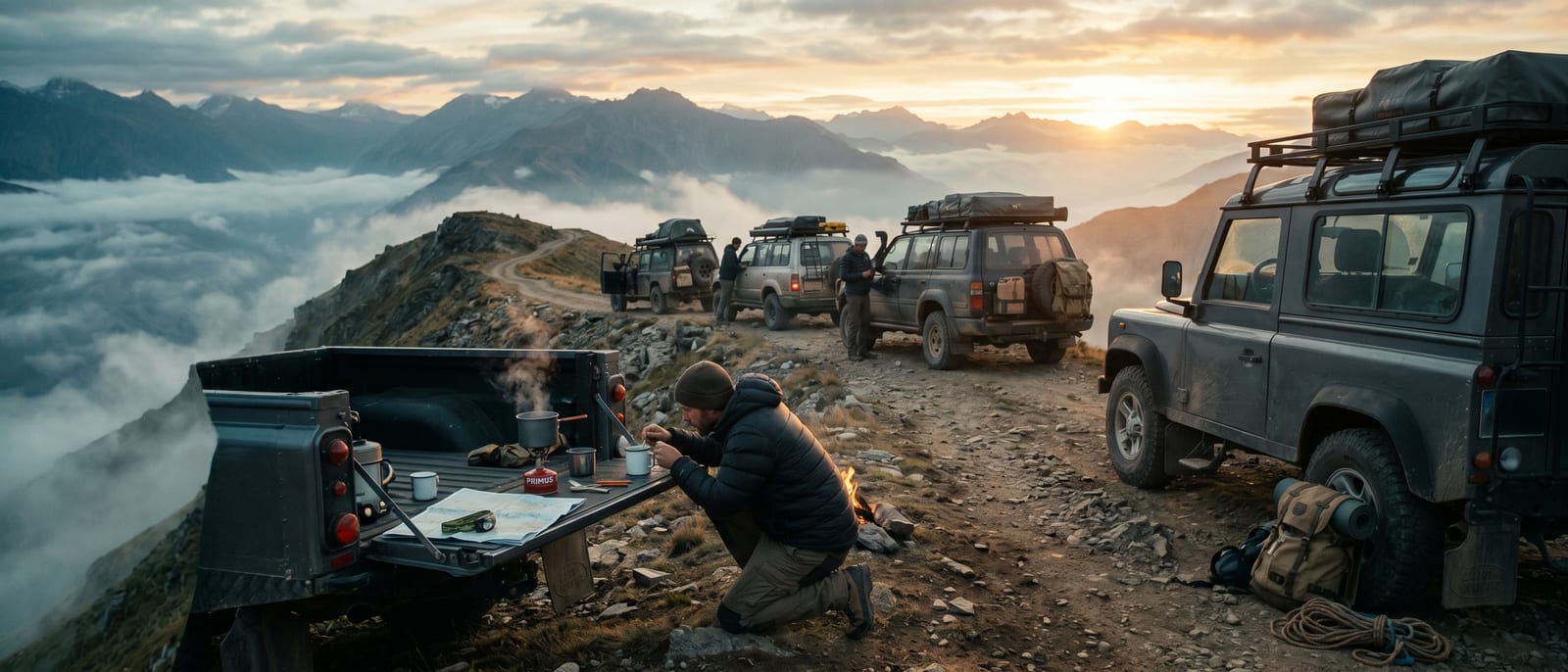 An overland convoy paused on a misty mountain ridge at dawn, camp gear laid out on a tailgate