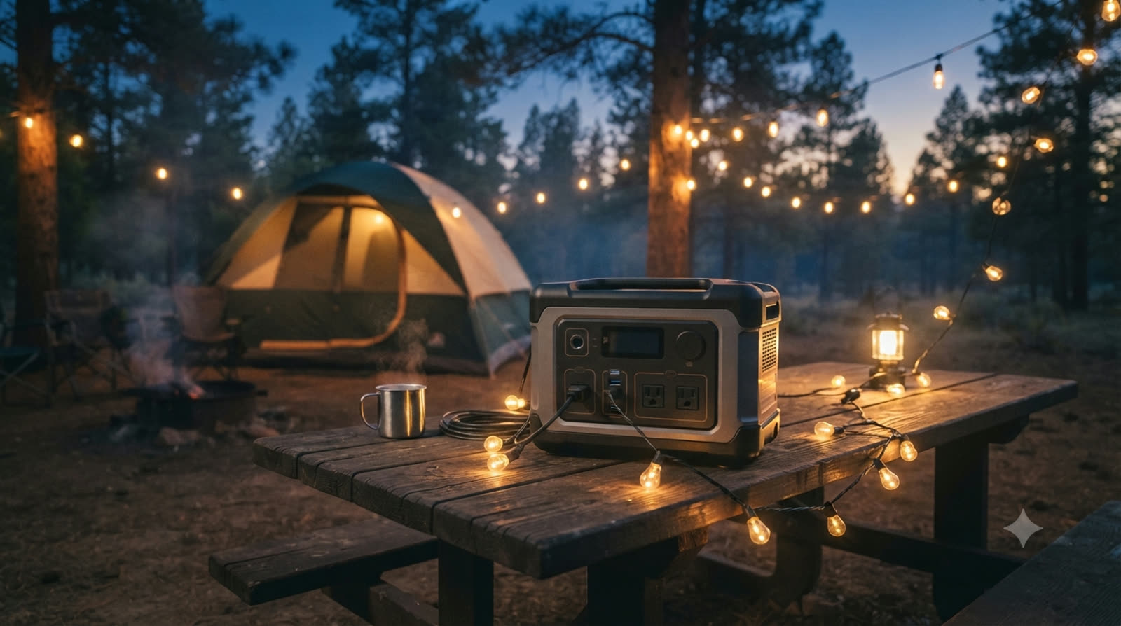 A portable power station glowing at a campsite at night beside a tent