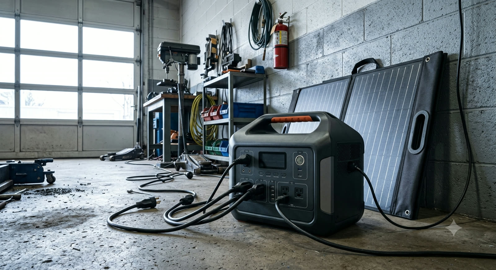 A portable power station charging from solar panels outside a home