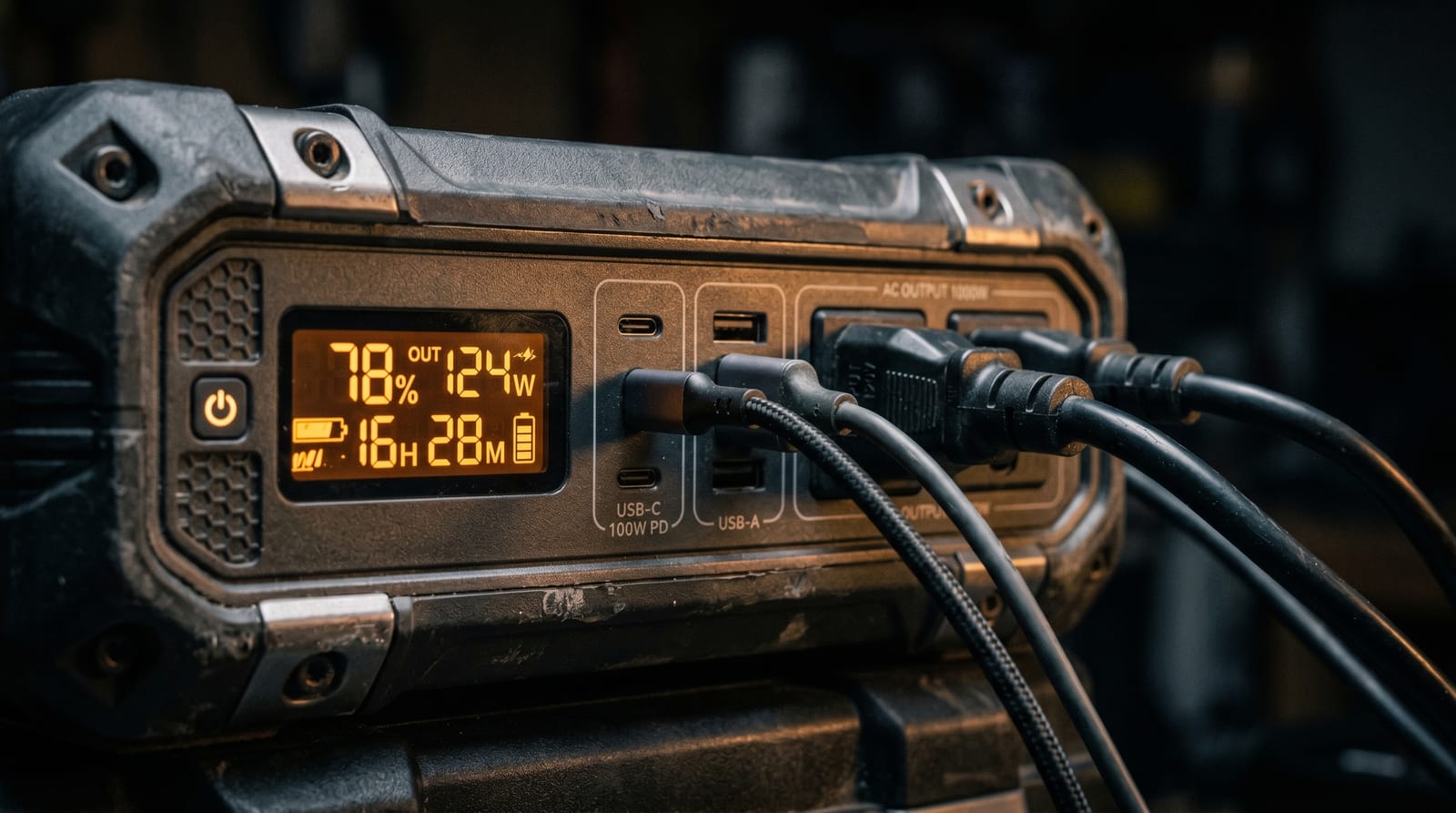 Close-up of a portable power station's glowing display and output ports with cables plugged in
