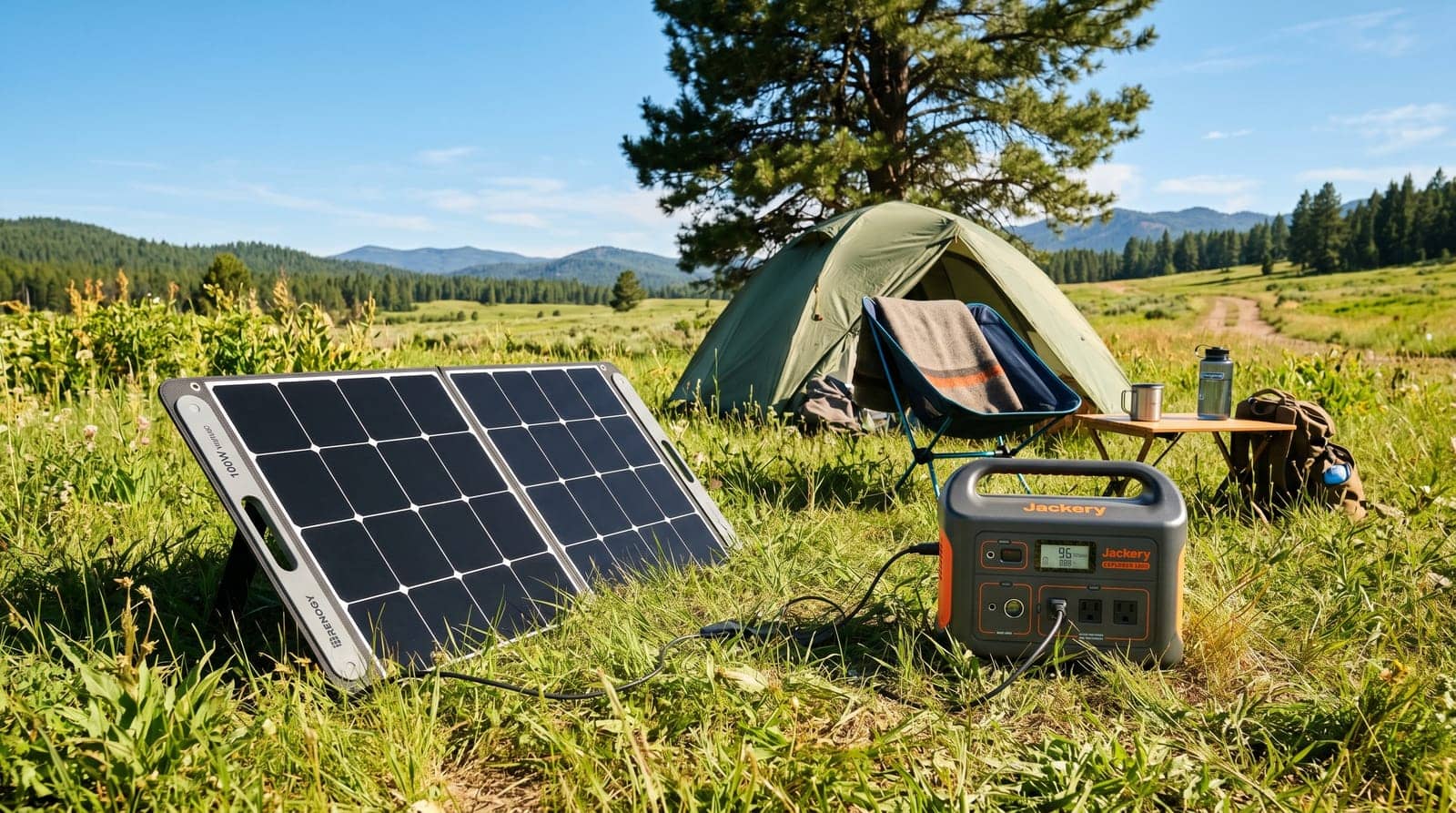 A portable power station charging from a solar panel in a sunny field at a campsite